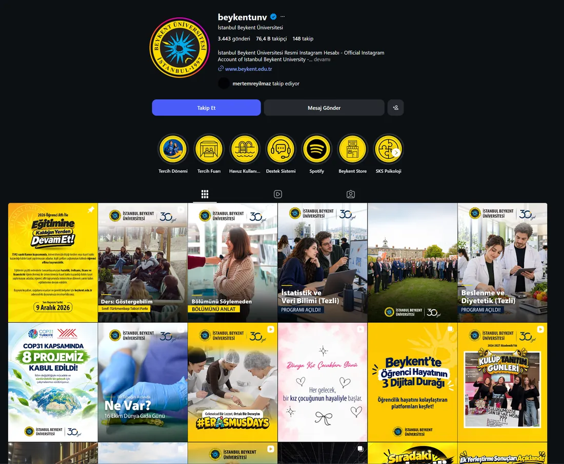İstanbul Beykent Üniversitesi Instagram profili — Marka Rengi sosyal medya yönetimi