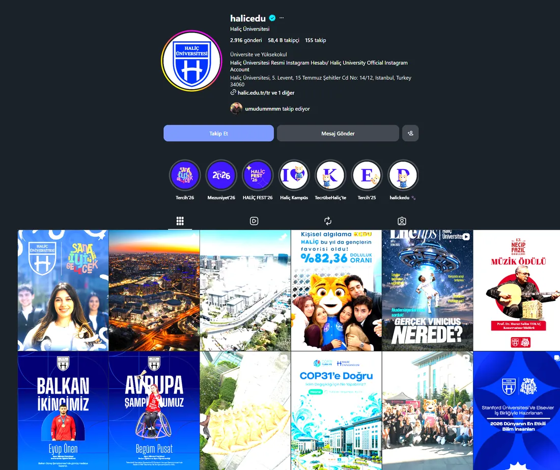 Haliç Üniversitesi Instagram profili — Marka Rengi sosyal medya yönetimi