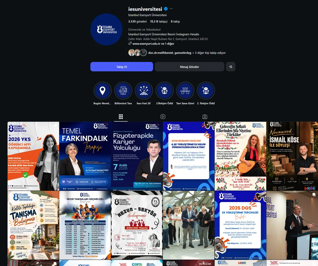İstanbul Esenyurt Üniversitesi Instagram profili — Marka Rengi sosyal medya yönetimi