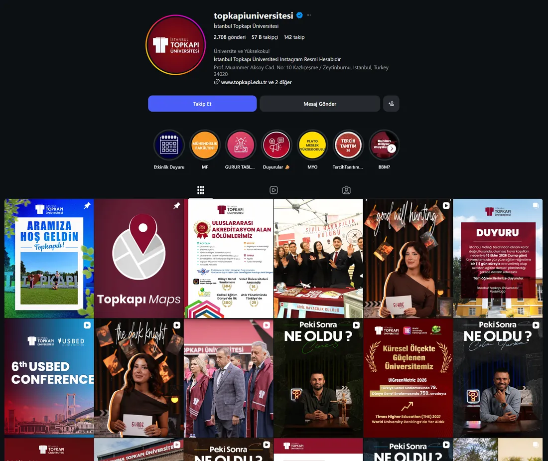 İstanbul Topkapı Üniversitesi Instagram profili — Marka Rengi sosyal medya yönetimi